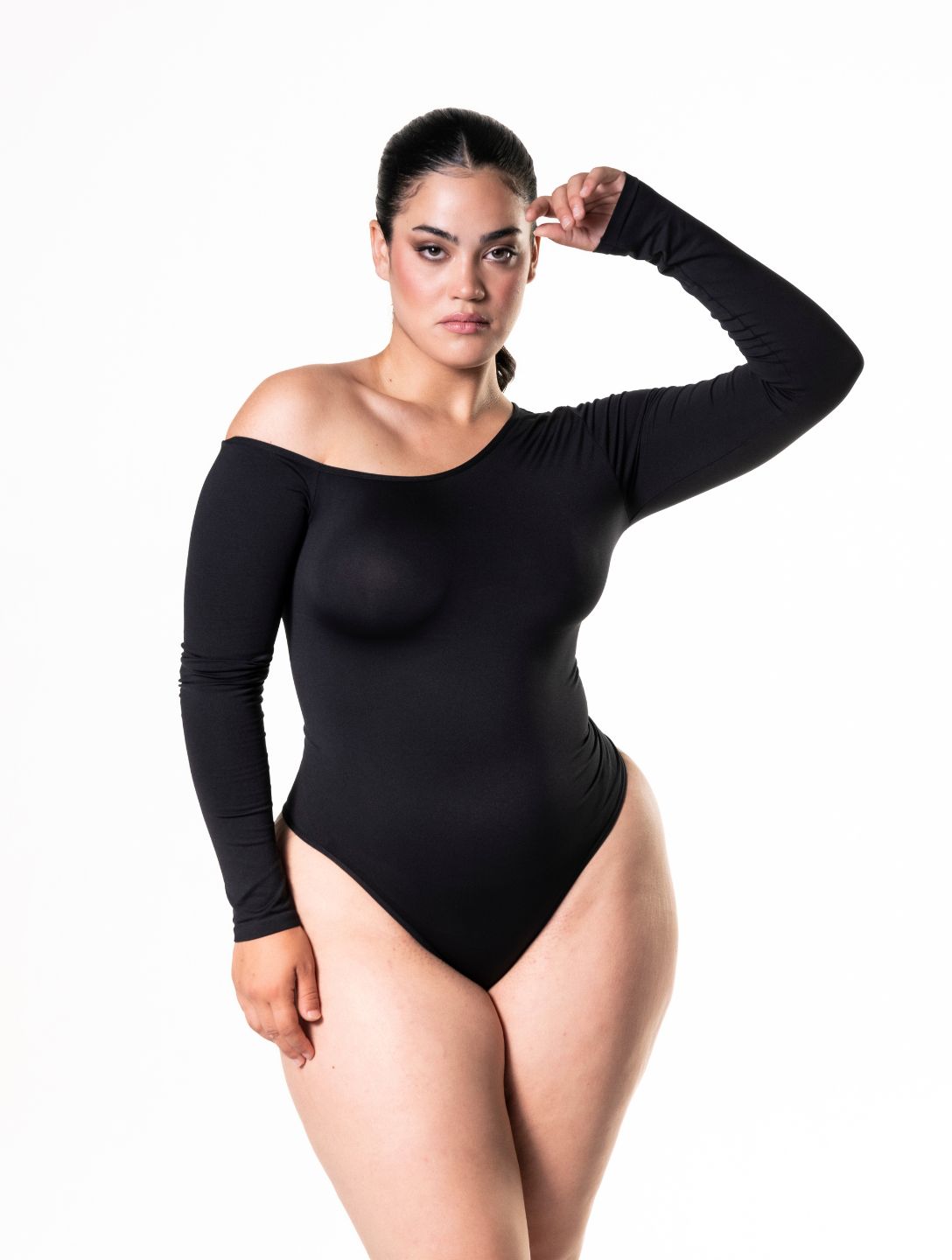 One-shoulder lange mouwen string bodysuit