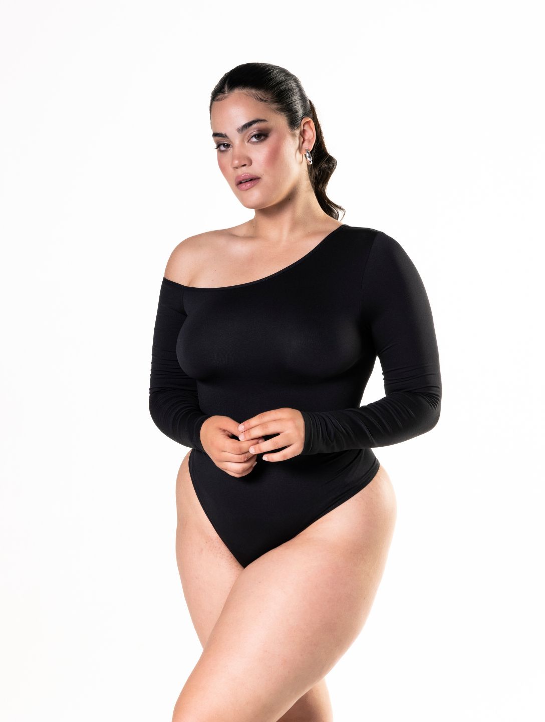 One-shoulder lange mouwen string bodysuit