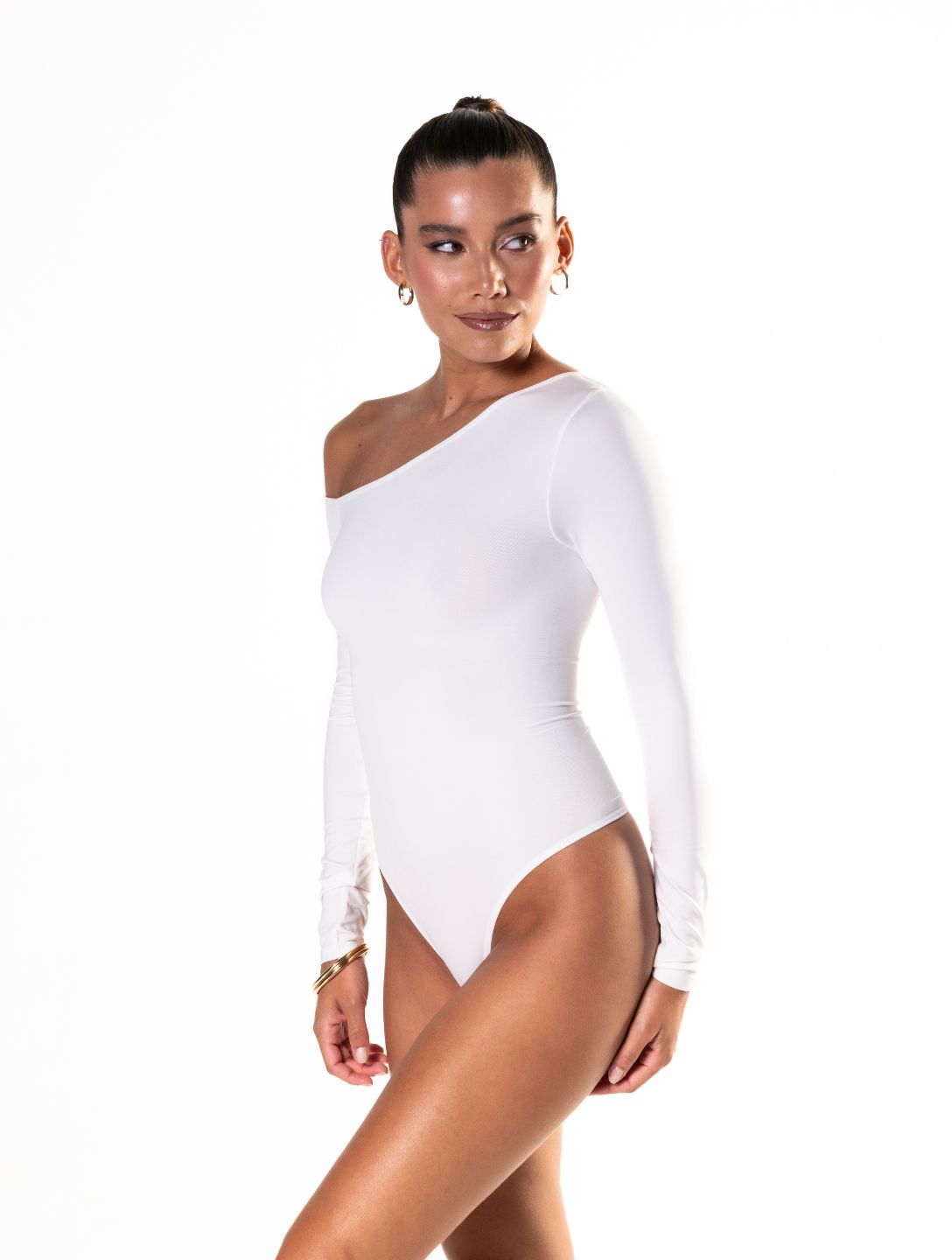 One-shoulder lange mouwen string bodysuit